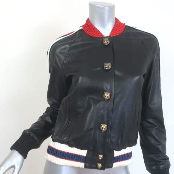 Gucci Hollywood Embroidered Leather Bomber Jacket Black Size 42 - Picture 2 of 14